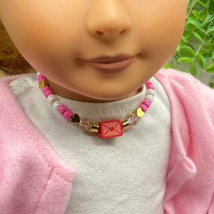 Love Letter Charm Pink White Gold Beaded Valentine’s Day Doll Necklace • 18 Inch Fashion Doll Jewelry