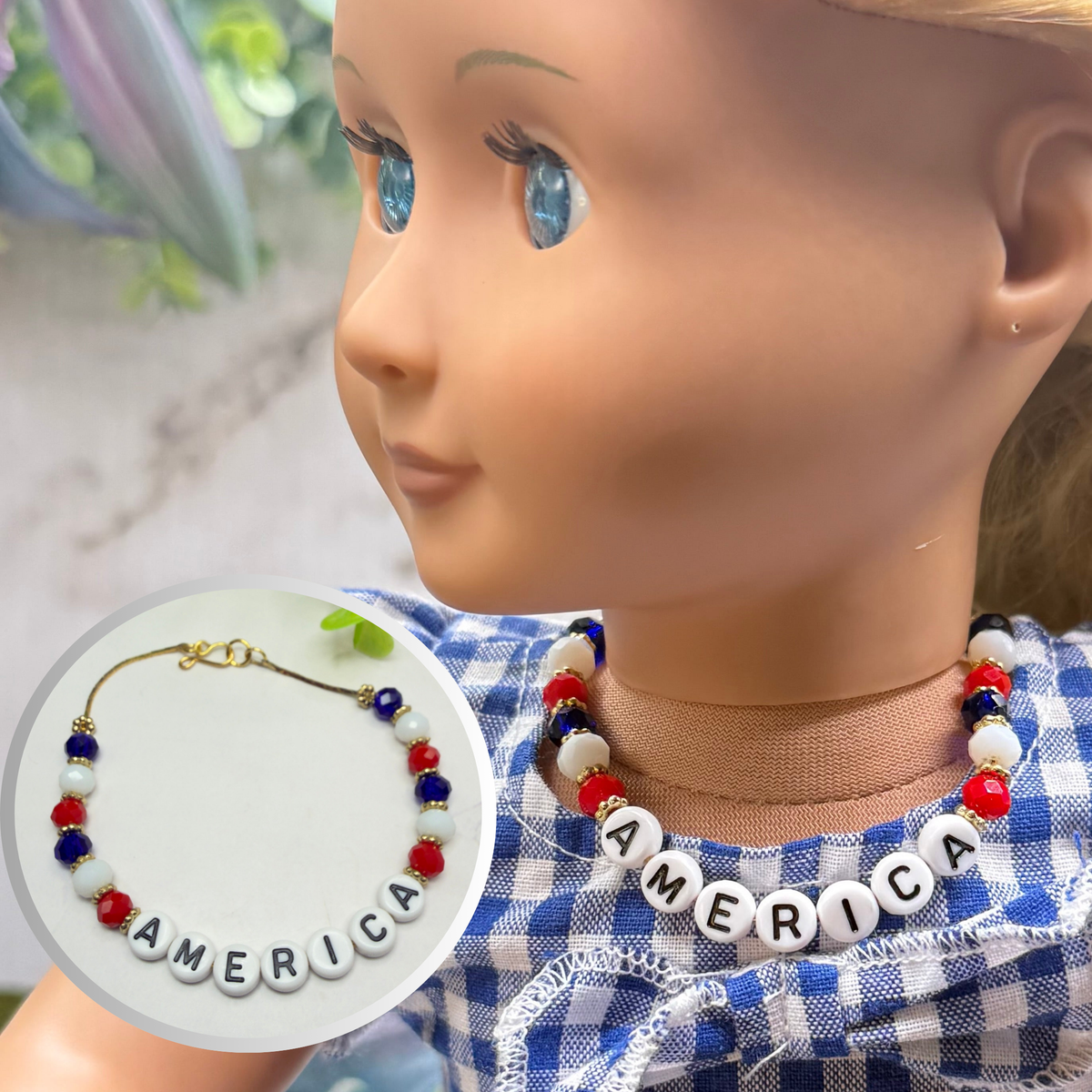 ✨ Handmade Doll Jewelry Designed to Fit popular 18 Inch Fashion Dolls: add a touch of “Patriotic Flare 🇺🇸” to your favorite doll!✨

America Red White Blue Beaded Charm Doll Necklace