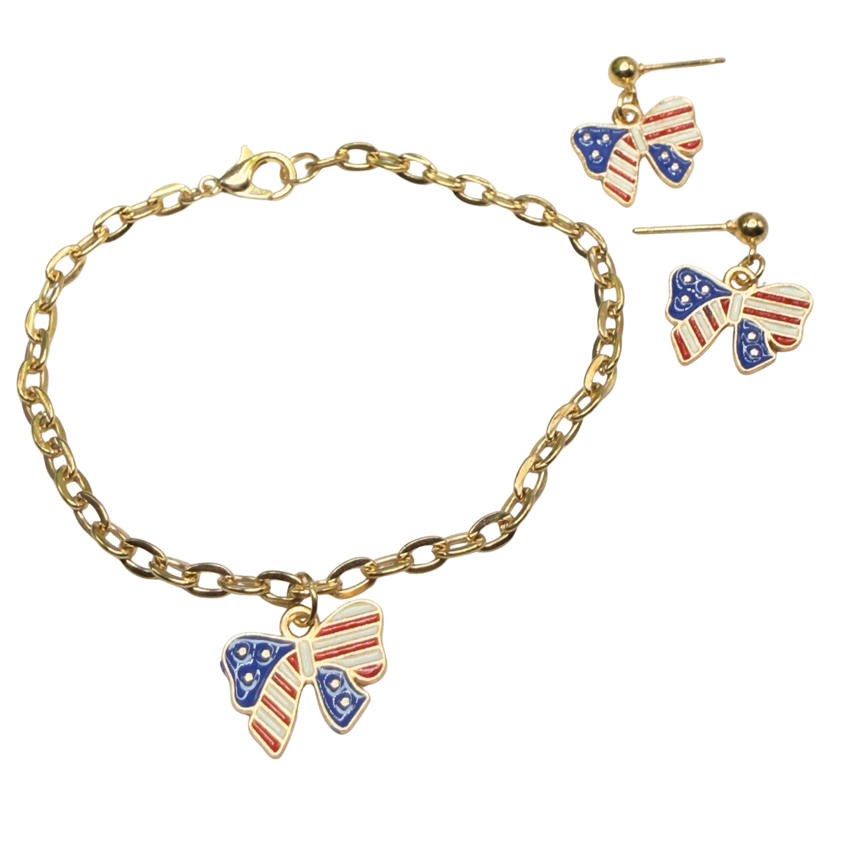 ✨ Handmade Doll Jewelry Designed to Fit popular 18 Inch Fashion Dolls: add a touch of “Patriotic Flare 🇺🇸” to your favorite doll!✨

American Flag Bow Charm (Red White Blue) Patriotic Doll Necklace & Earrings Set