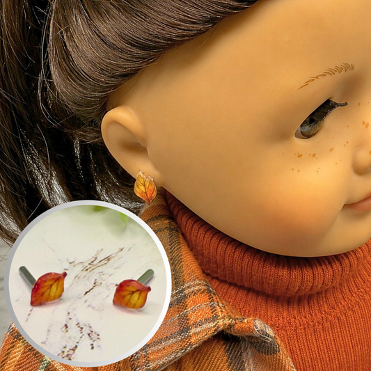 Autumn Fall Leaf 2mm Post Doll Earrings • EARRING POSTS ARE 2mm DIAMETER - for dolls with 2mm (drilled) pierced ears • Earrings shown on 18" American Girl doll.