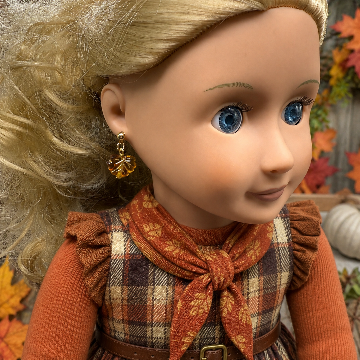 Autumn Fall Leaf Dangle Post Doll Earrings. Earrings shown on 18" Our Generation doll.