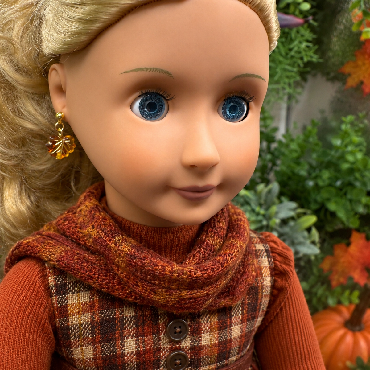 Autumn Fall Leaf Dangle Post Doll Earrings. Earrings shown on 18" Our Generation doll.