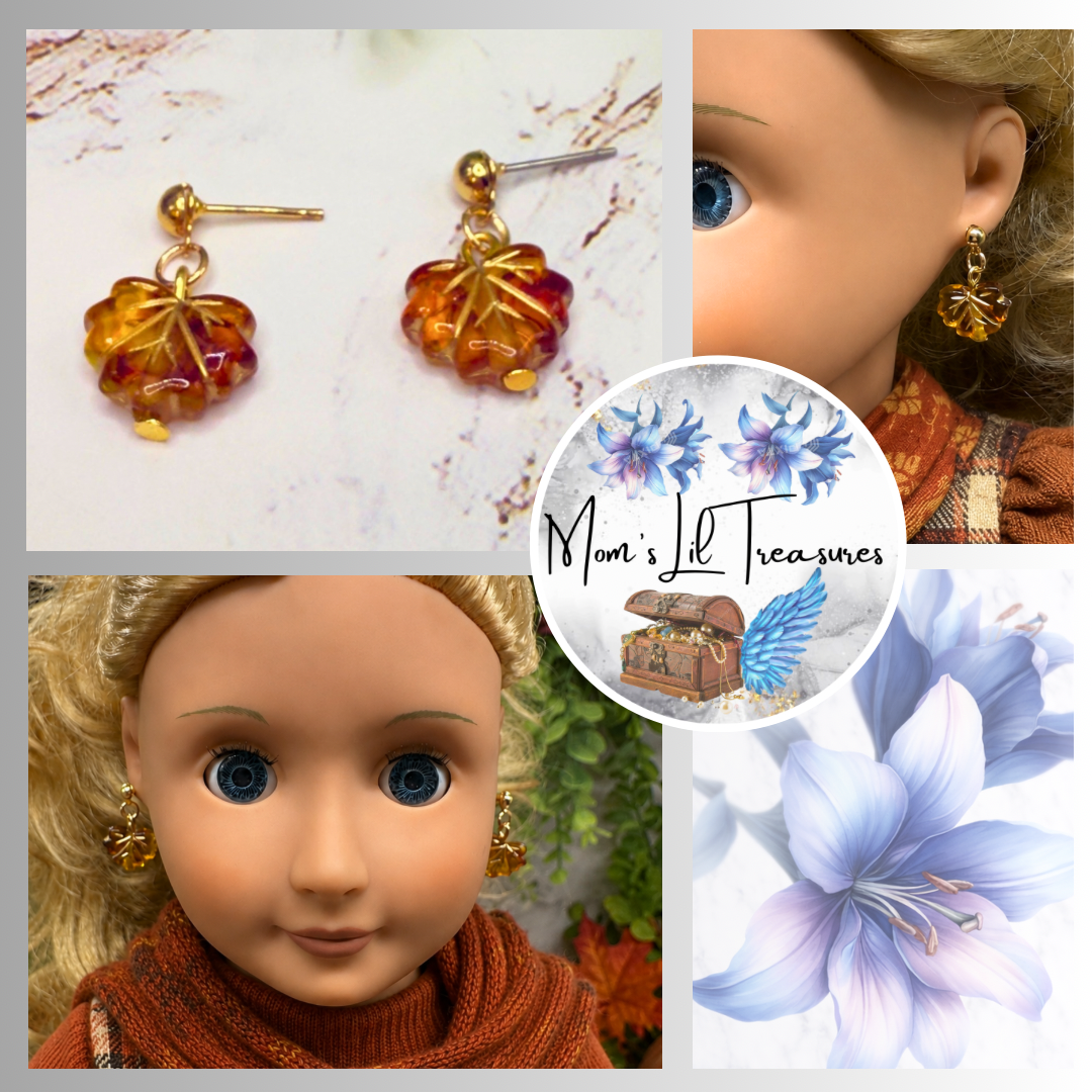 Autumn Fall Leaf Dangle Post Doll Earrings. Earrings shown on 18" Our Generation doll.
