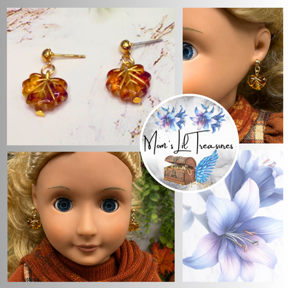 Autumn Fall Leaf Dangle Post Doll Earrings. Earrings shown on 18" Our Generation doll.