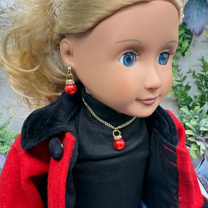 Red Pearly Christmas Ornament Charm Doll Necklace & Earrings Set • 18 Inch Fashion Doll Jewelry