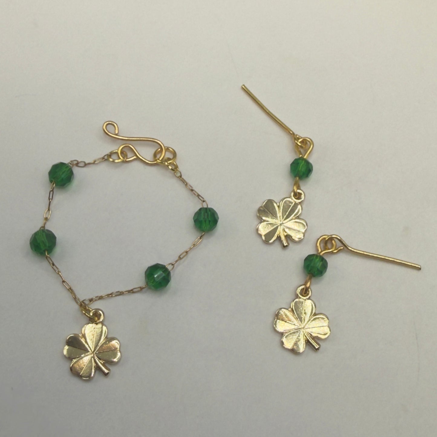 Green Bead Gold Four-Leaf Clover Doll Necklace & Earrings • 16 Inch Fashion Doll Jewelry