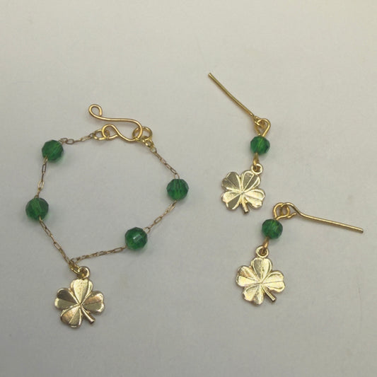 Green Bead Gold Four-Leaf Clover Doll Necklace & Earrings • 16 Inch Fashion Doll Jewelry