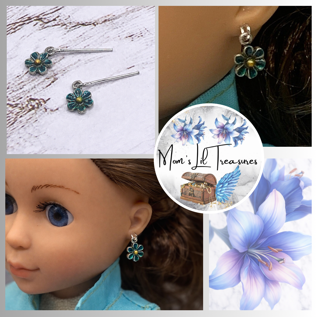 Turquoise Blue Flower Enamel Dangle Doll Earrings · 14 Inch Doll Jewelry