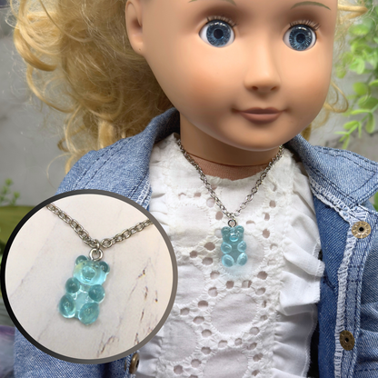 Turquoise Blue Translucent Acrylic Teddy Gummy Bear Charm Silver Chain Doll Necklace 18” Doll Jewelry