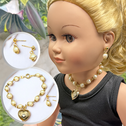 Gold Heart Rhinestone Accent Charm Pearl Link Doll Necklace & Earrings • 18 Inch Fashion Doll Jewelry