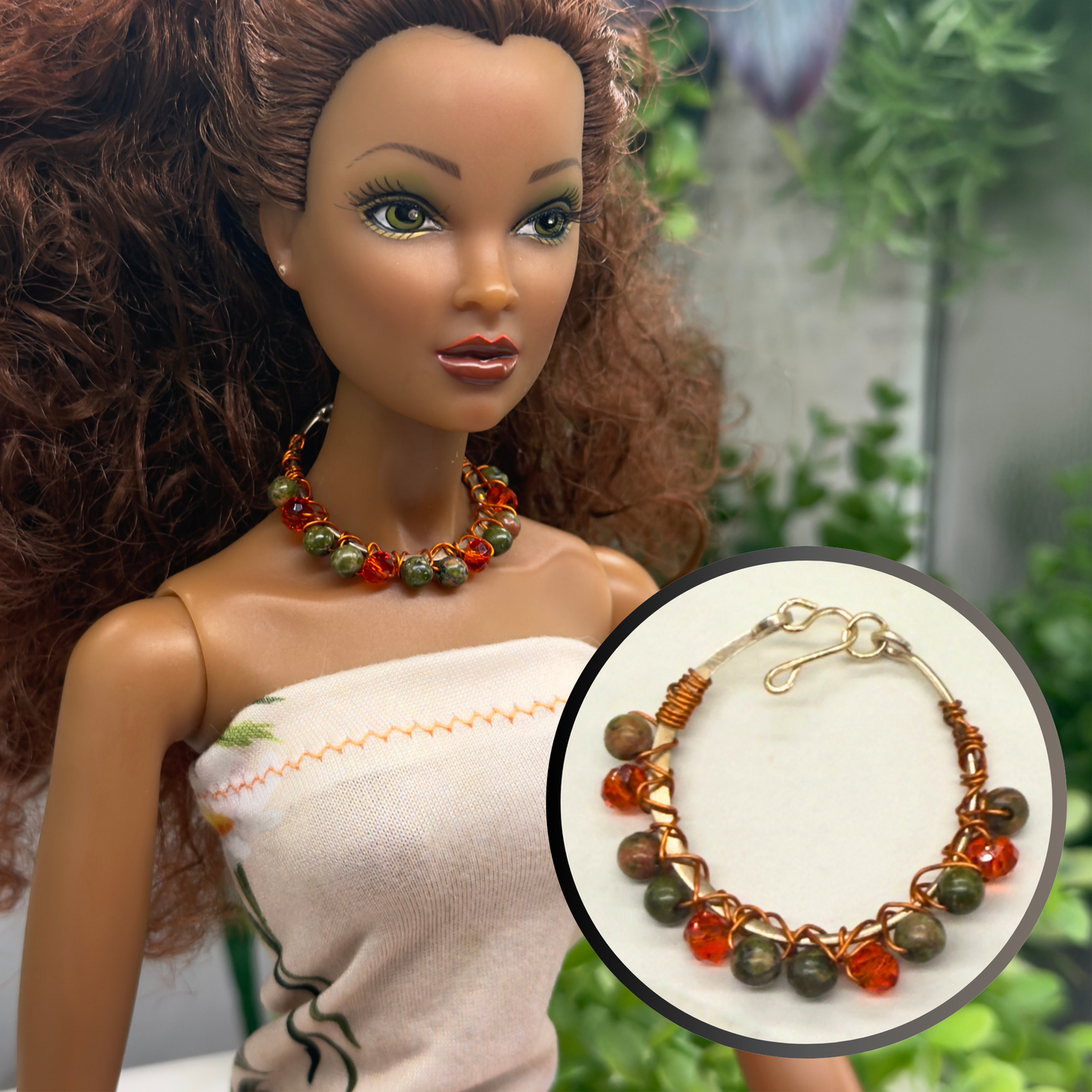 Orange Brown Green Bead Wire Choker Doll Necklace • 16 Inch Fashion Doll Jewelry