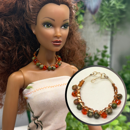Orange Brown Green Bead Wire Choker Doll Necklace • 16 Inch Fashion Doll Jewelry