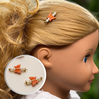 Orange & Pearl Beaded Butterfly Doll Hair Barrettes 14-18” Fashion Dolls • Doll Hair Accessories