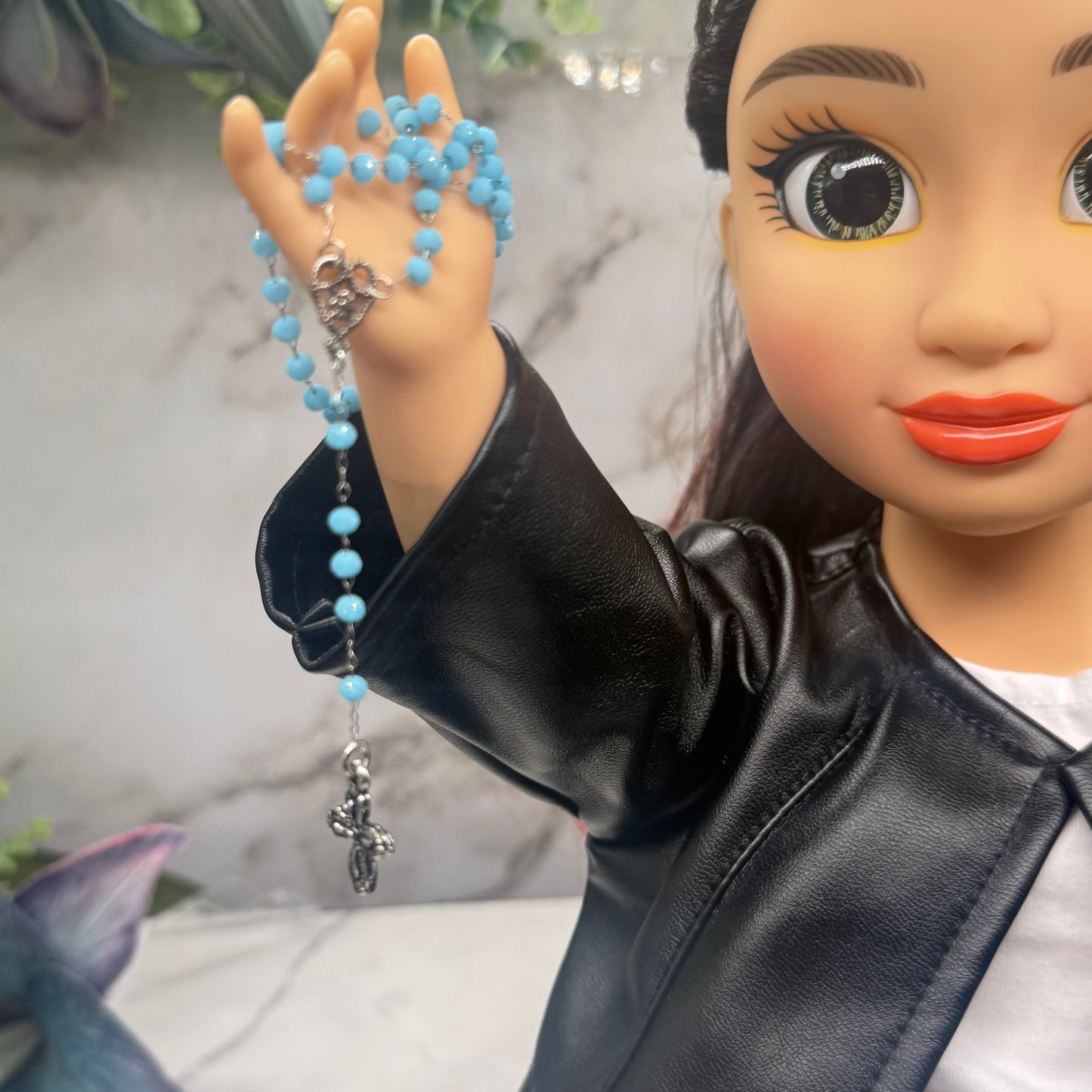 Turquoise Blue Glass Crystal Beaded Silver Chain & Cross • Doll Size Catholic Rosary for 18-22” Fashion or Vintage Dolls