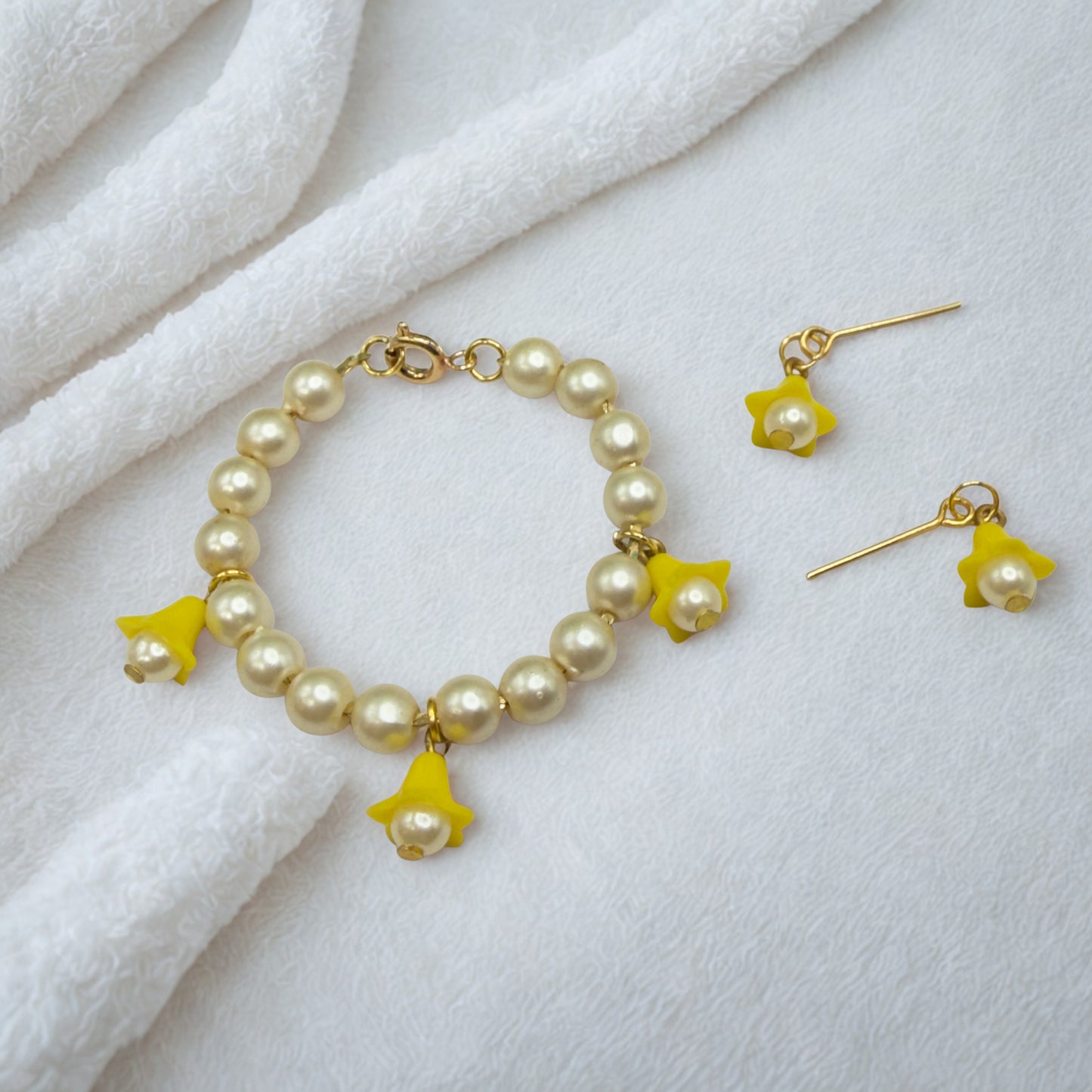 Light Yellow Bell Flower Dangle Pearl Beaded Doll Necklace & Earring • 14 Inch Fashion Doll Jewelry