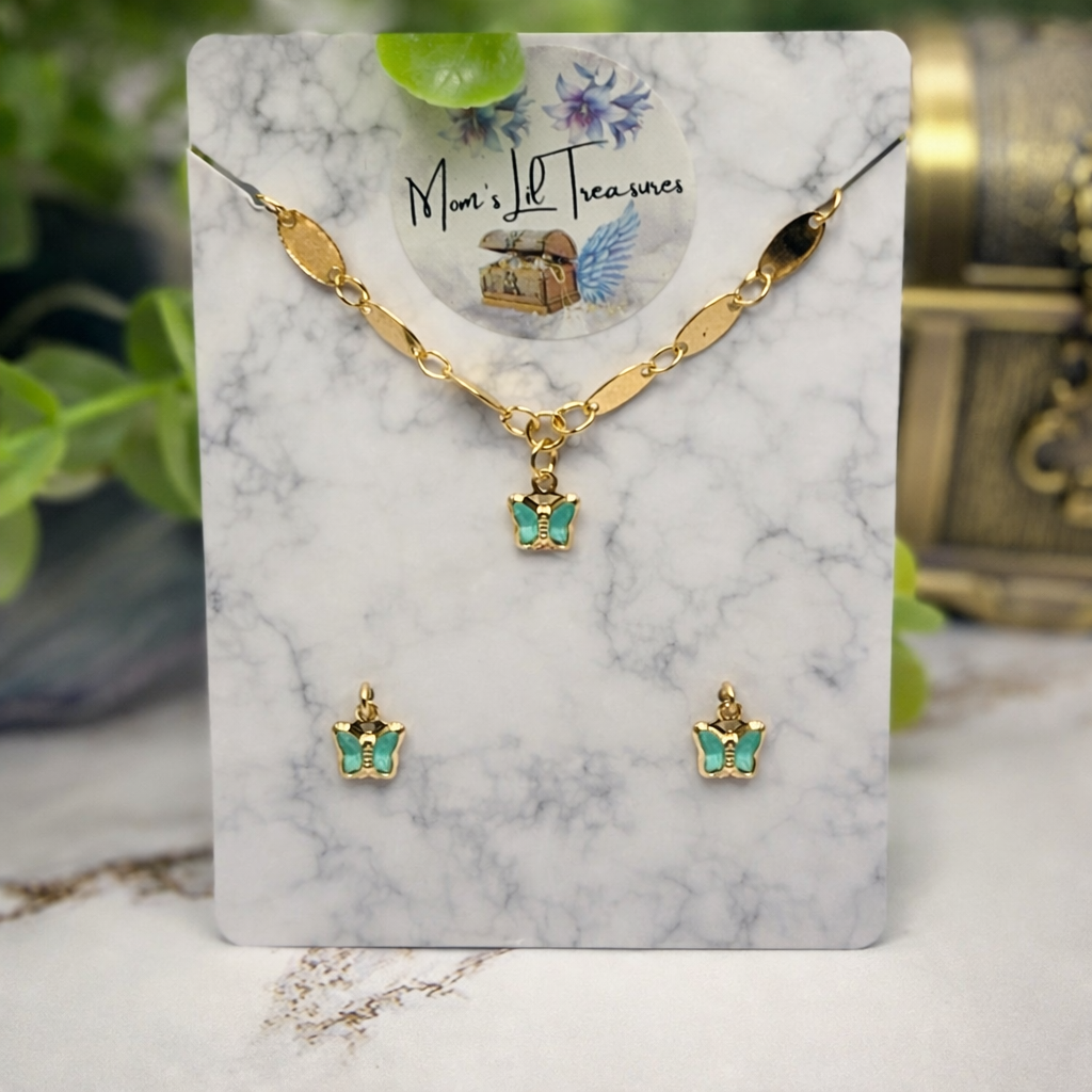 Teal Crystal Butterfly Charm Gold Oval Link Doll Necklace & Earrings • 14 Inch Fashion Doll Jewelry