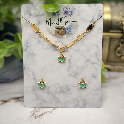 Teal Crystal Butterfly Charm Gold Oval Link Doll Necklace & Earrings • 14 Inch Fashion Doll Jewelry