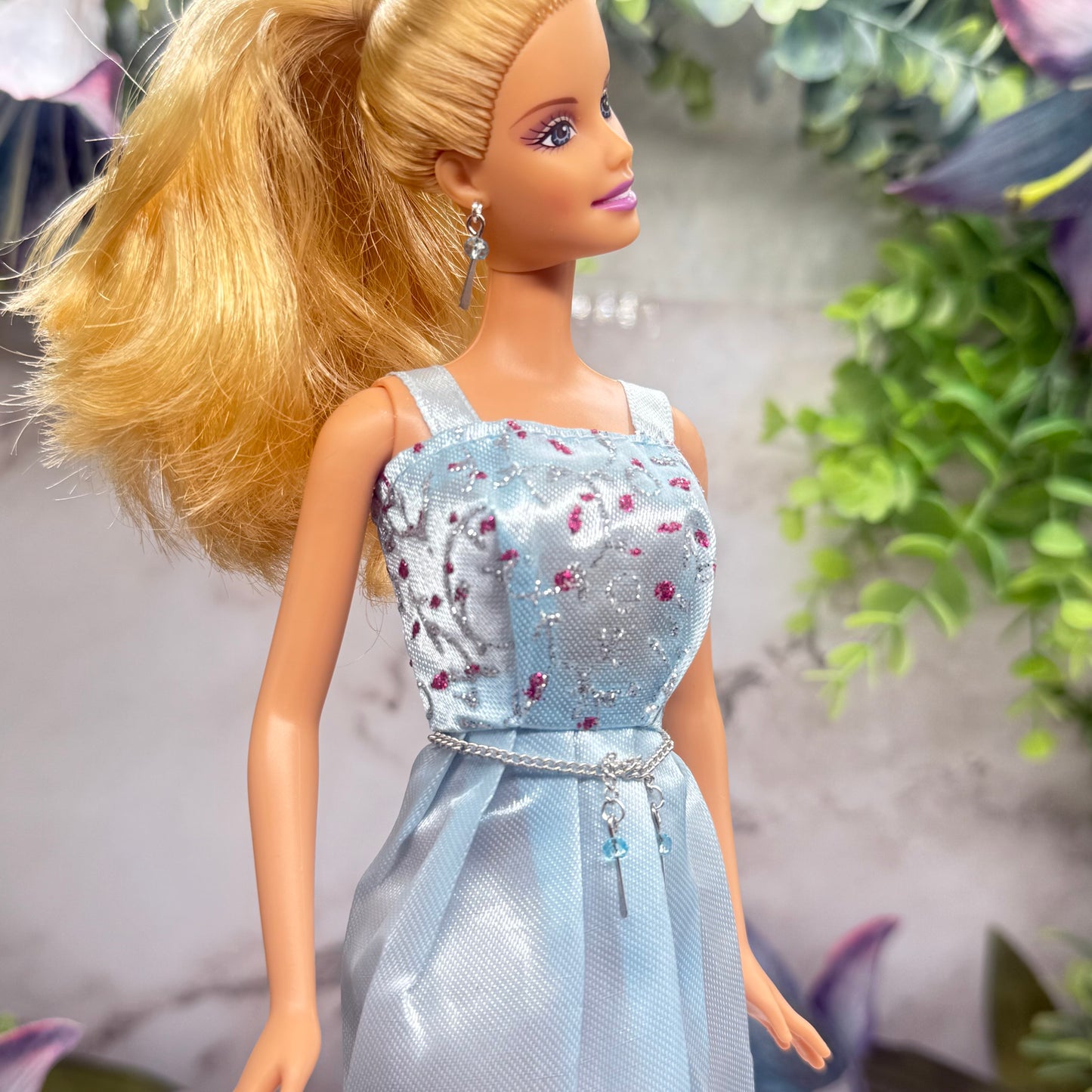 Light Blue Crystal Silver Dangle Wrap Layer Style Doll Necklace / Belt & Earrings • 10-12 Inch Fashion Doll Jewelry 1:6