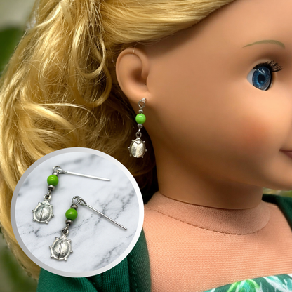 Green Glass Silver Lady Bug Dangle Doll Earrings for 18 Inch Fashion Doll Jewelry