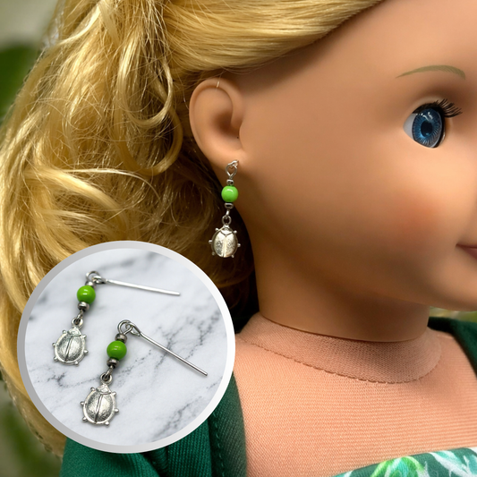 Green Glass Silver Lady Bug Dangle Doll Earrings for 18 Inch Fashion Doll Jewelry