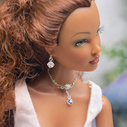 Clear & Light Purple Silver Doll Necklace & Earrings • 16 Inch Fashion Doll Jewelry