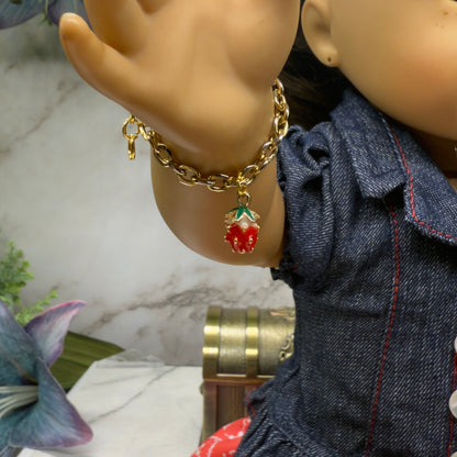 Strawberry Charm Gold Chain Doll Bracelet • 18 Inch Fashion Doll Jewelry