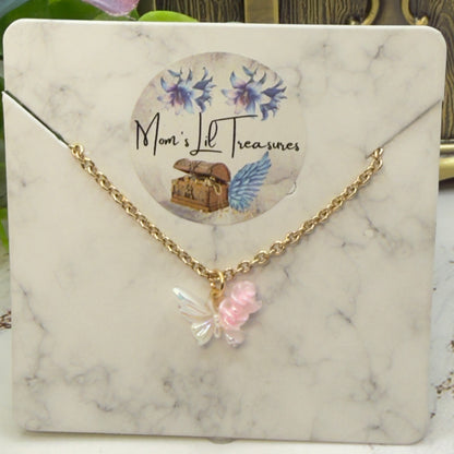 Pink & White Acrylic Butterfly Roses Charm Gold Chain Doll Necklace • 14 Inch Fashion Doll Jewelry