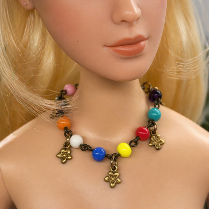Multi Color Glass Bead Dangle Flower Charm Doll Necklace • 16 Inch Doll Jewelry
