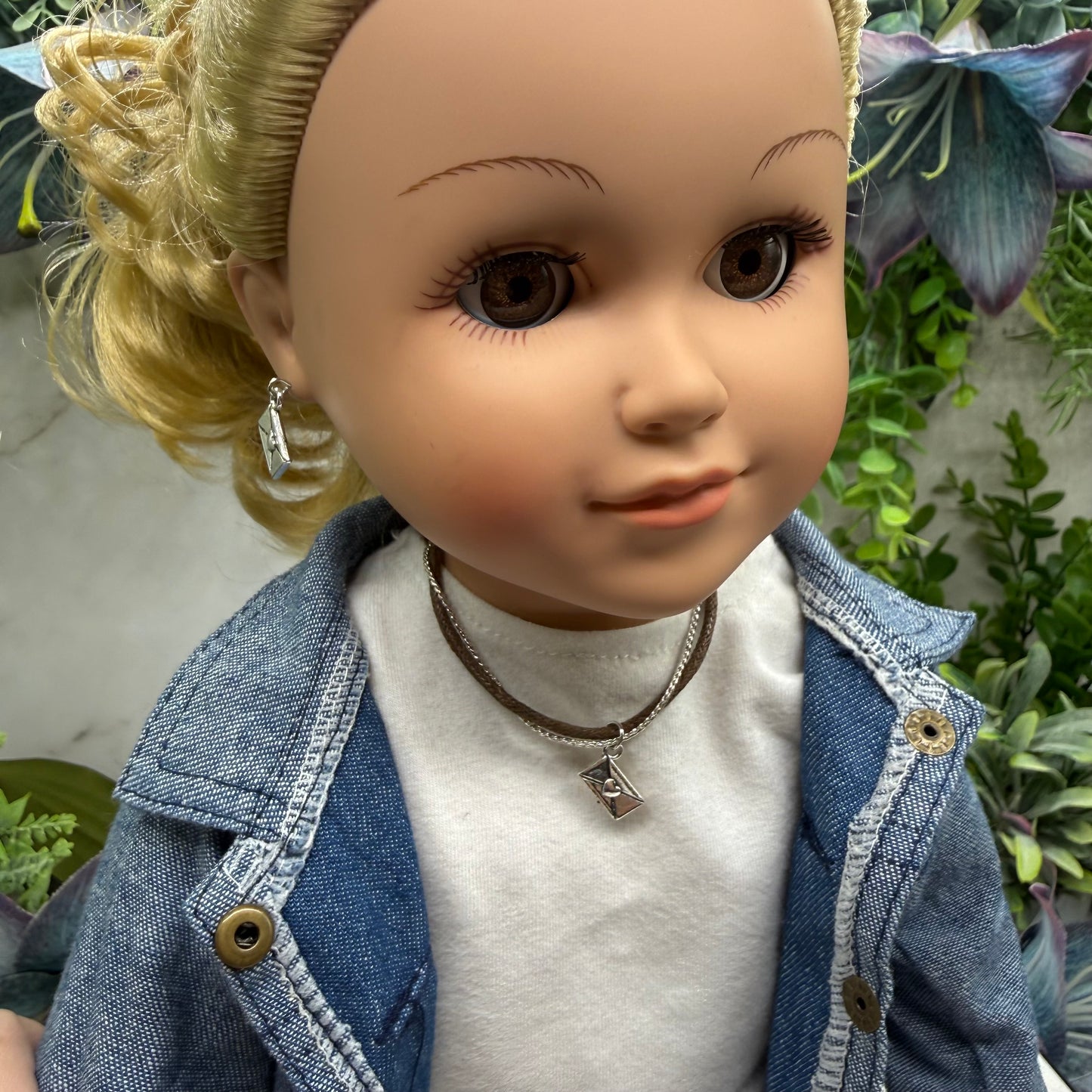 Brown Cord Silver Chain Love Letter Envelope Charm Doll Necklace & Earrings • 18 Inch Fashion Doll Jewelry