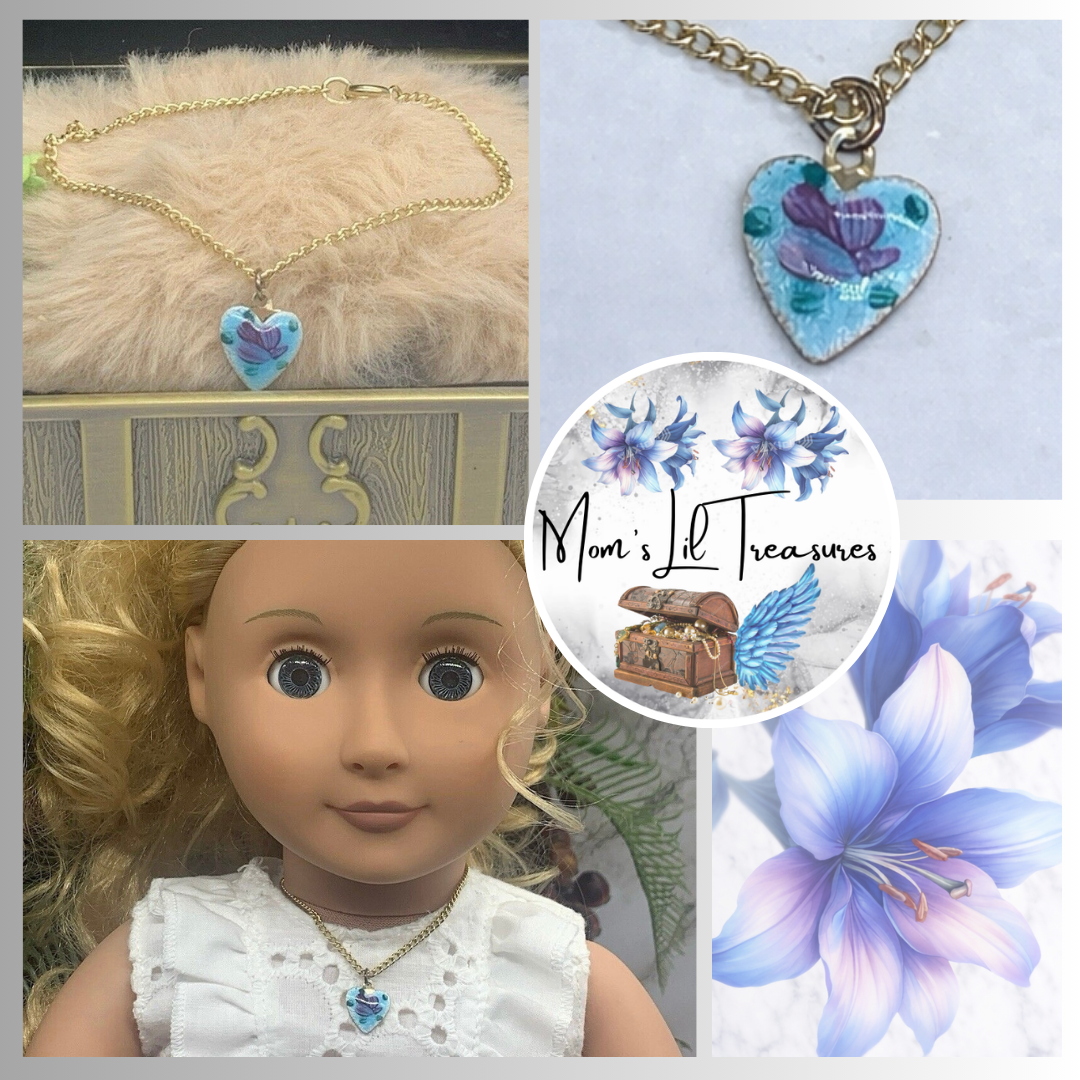 Blue Enamel Heart Rose Design Doll Necklace • 18 Inch Fashion Doll Jewelry