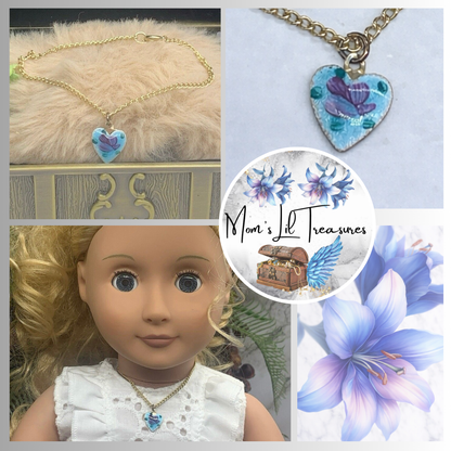 Blue Enamel Heart Rose Design Doll Necklace • 18 Inch Fashion Doll Jewelry