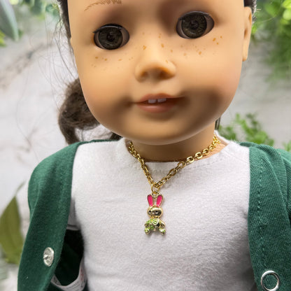 Bunny Pink & Green Enamel Detail Charm Doll Necklace Easter • 18 Inch Fashion Doll Jewelry