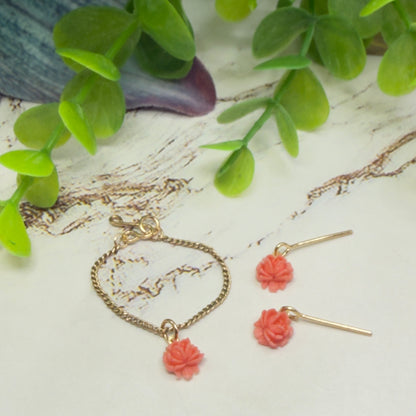 Coral Acrylic Rose Flower Charm Gold Chain Doll Necklace & Earrings • 16 Inch Fashion Doll Jewelry