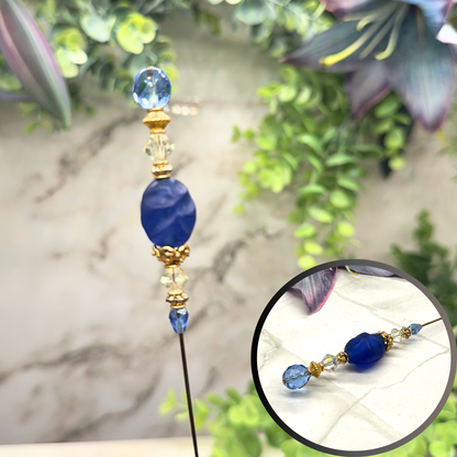 Blue & Clear Crystal Gold Filigree Accent • 8” Hatpin / Stick Pin