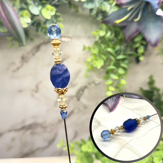 Blue & Clear Crystal Gold Filigree Accent • 8” Hatpin / Stick Pin