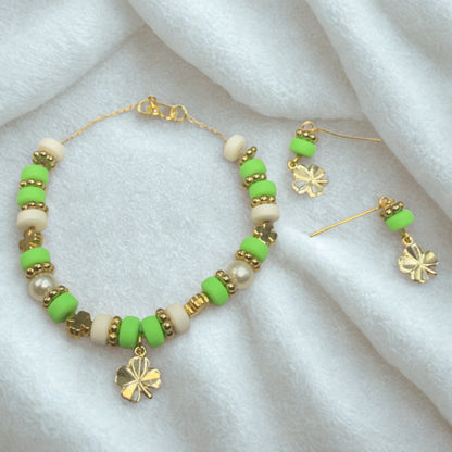 Green White Beaded Gold Four-Leaf Clover Charms Doll Necklace & Earrings • 18 Inch Fashion Doll Jewelry