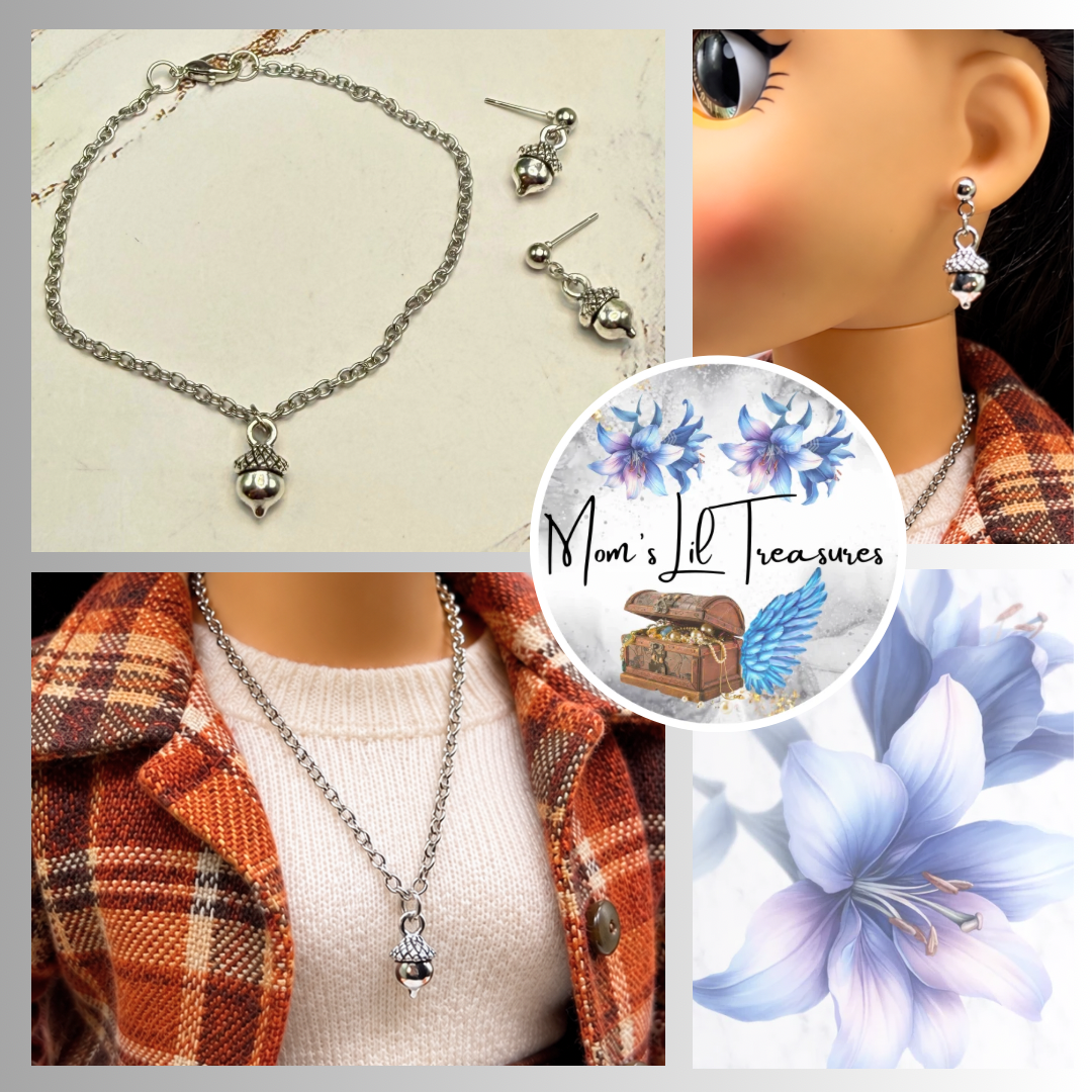 Acorn Harvest Autumn Charm Silver Doll Necklace and Earrings Set | for 18 Inch Fashion Dolls