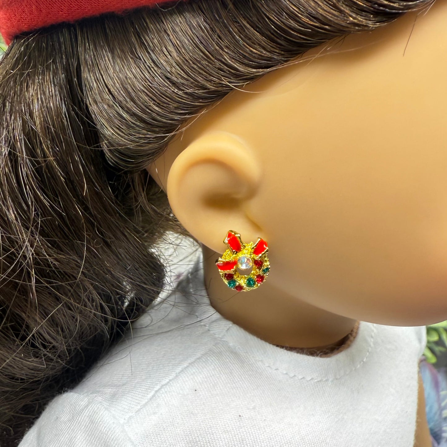 Christmas Wreath Gold Post Doll Earrings • 2mm Post for 18 Inch Fashion Doll
