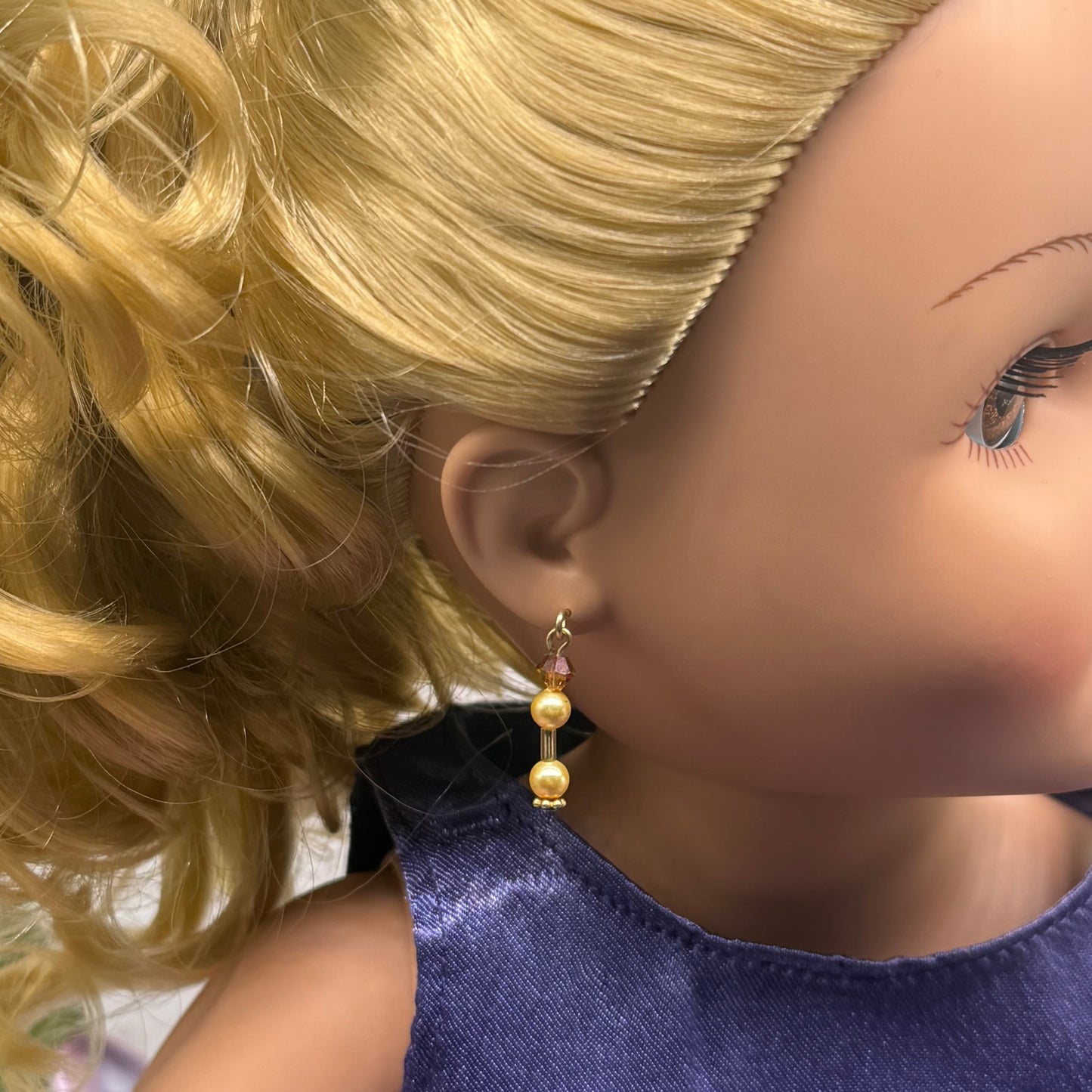 Amber Gold Crystal & Pearl Dangle Doll Earrings • 18 Inch Fashion Doll Jewelry