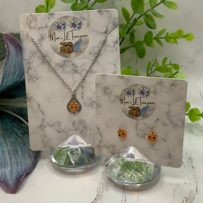 Pumpkin Halloween Pendant Silver Doll Necklace and Post Earrings • 18 Inch Fashion Doll Jewelry