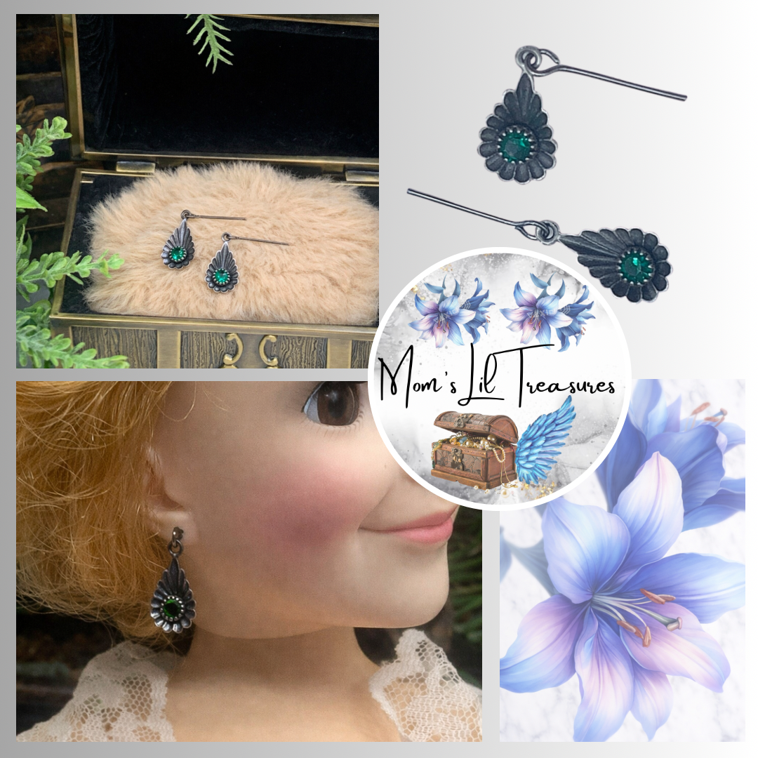 Green Rhinestone Silver Teardrop Doll Earrings for 18-22” Vintage Doll  Jewelry