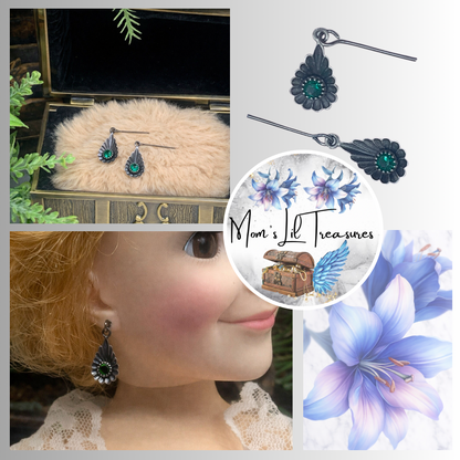 Green Rhinestone Silver Teardrop Doll Earrings for 18-22” Vintage Doll  Jewelry