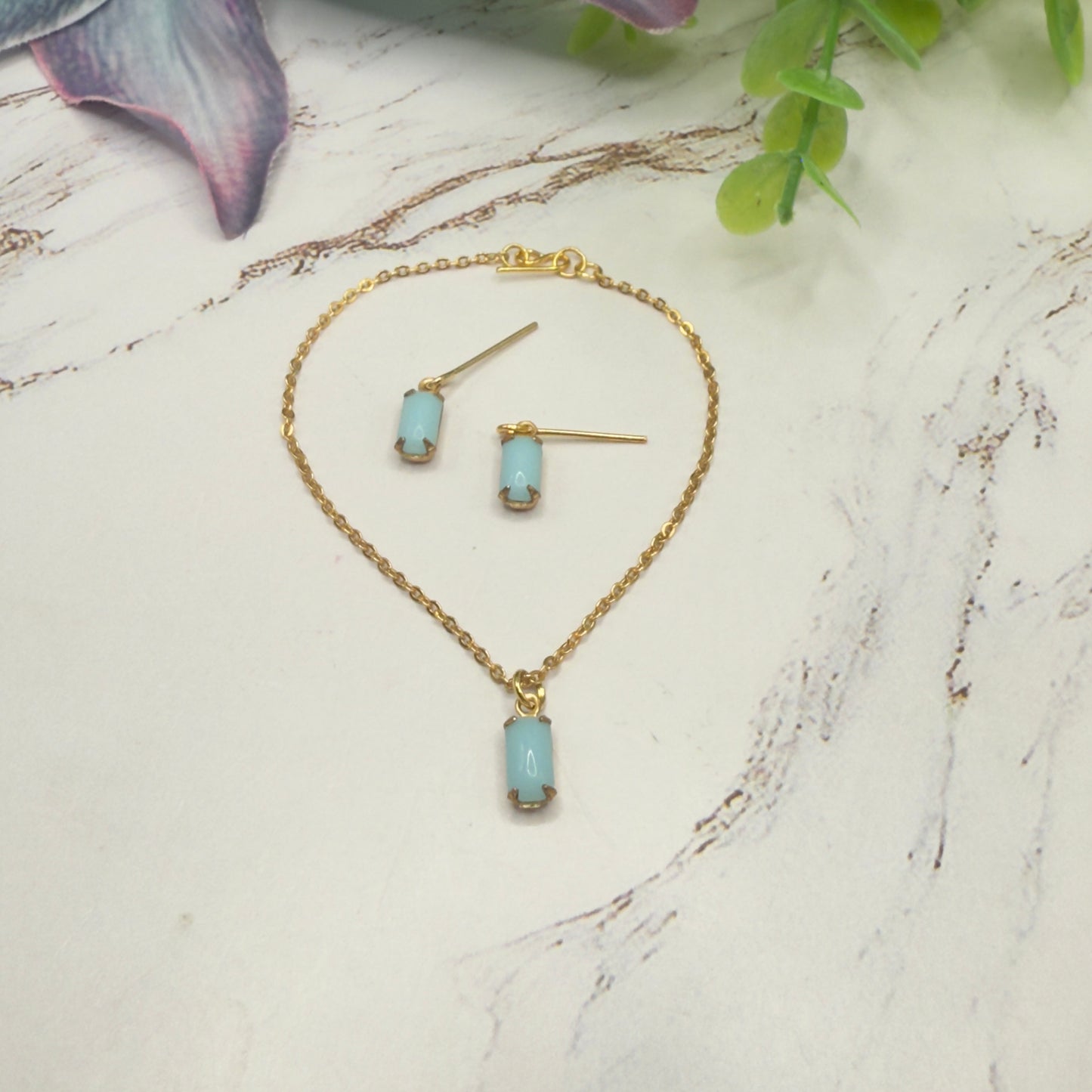 Blue Glass Rectangular Dangle Gold Chain Doll Necklace Earrings Set • 18 Inch Fashion Doll Jewelry