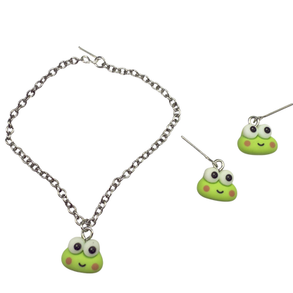 Keroppi Cute Frog Charm Necklace & Earrings Set • 18 Inch Fashion Doll Jewelry