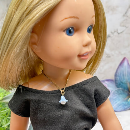 Blue Bell Flower Pearl Center Charm Gold Chain Doll Necklace • 14 Inch Fashion Doll Jewelry
