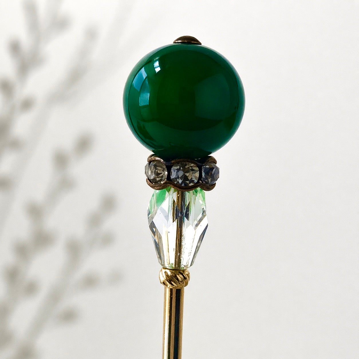 Green Glass - Rhinestone - Clear Crystal - 6” Pin • Hatpin - Stick Pin