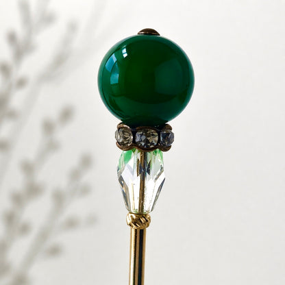 Green Glass - Rhinestone - Clear Crystal - 6” Pin • Hatpin - Stick Pin