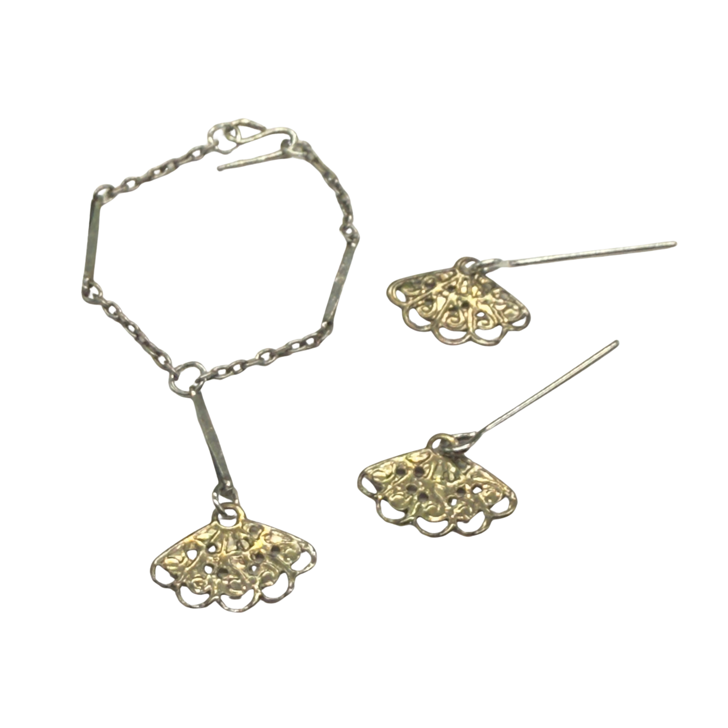 Silver & Gold Filigree Fan Dangle Doll Necklace Earring Set • 16” Doll Jewelry