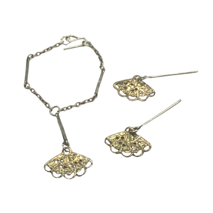 Silver & Gold Filigree Fan Dangle Doll Necklace Earring Set • 16” Doll Jewelry