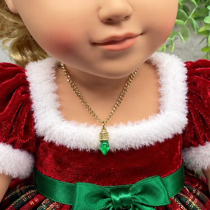 Green Christmas Light Charm Gold Doll Necklace • 18 Inch Fashion Doll Jewelry